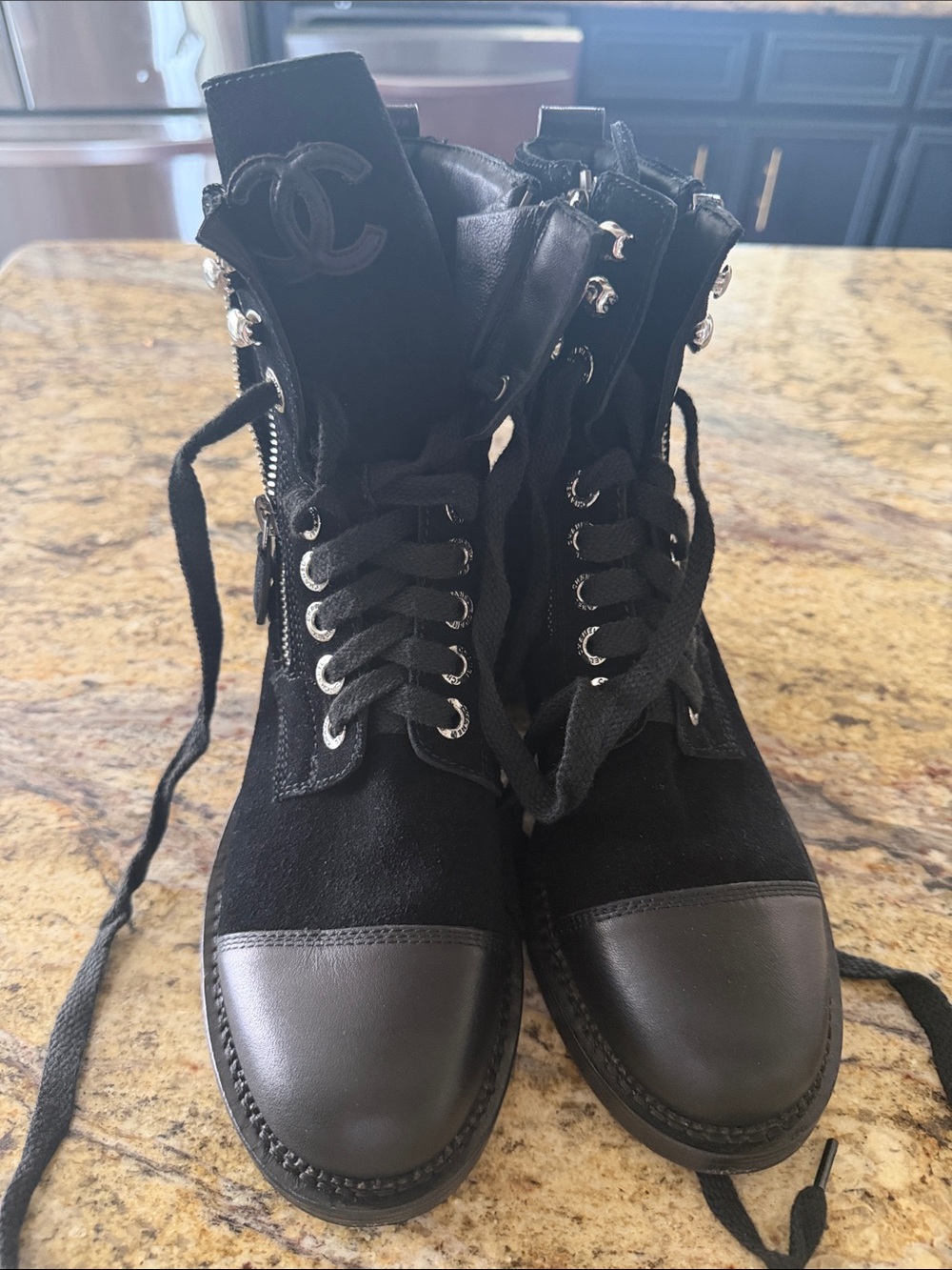 CHANEL Black Suede and Leather Lace-Up Combat Boots